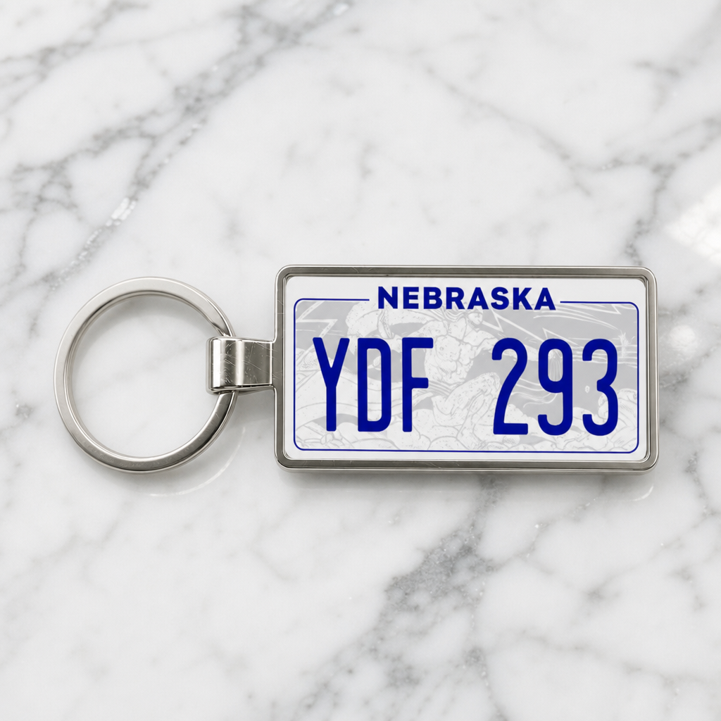 Nebraska YDF 293 license plate keychain on_marble