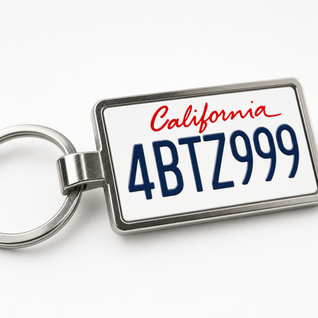 California 4BTZ999 license plate keychain close-up macro