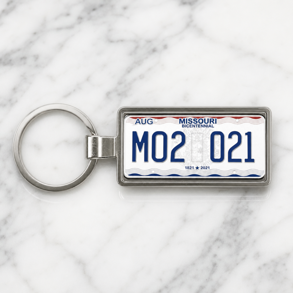 Missouri M02 021 license plate keychain on_marble