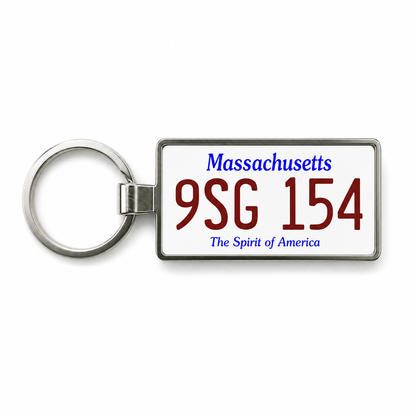 Massachusetts 9SG 154 license plate keychain white_bg