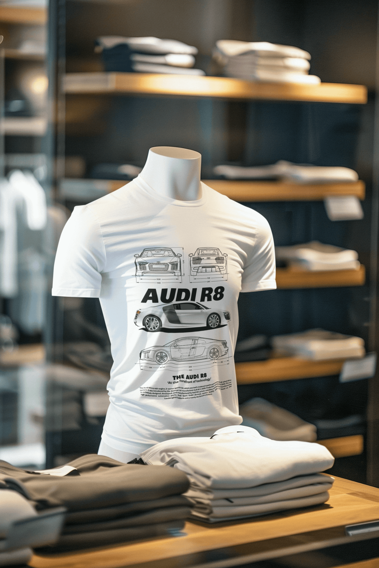 Audi R8 Graphic T‑Shirt — Photo & Blueprint Illustration