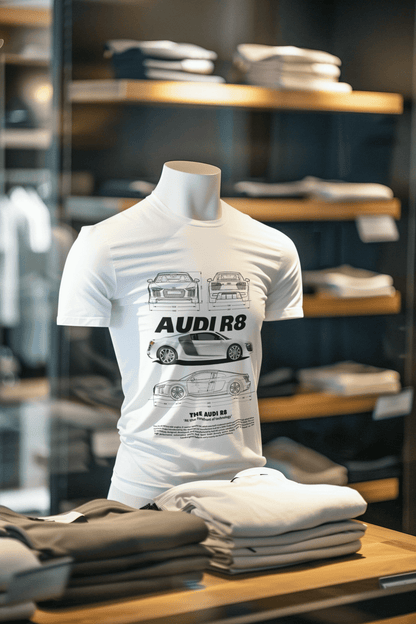 Audi R8 Graphic T‑Shirt — Photo & Blueprint Illustration