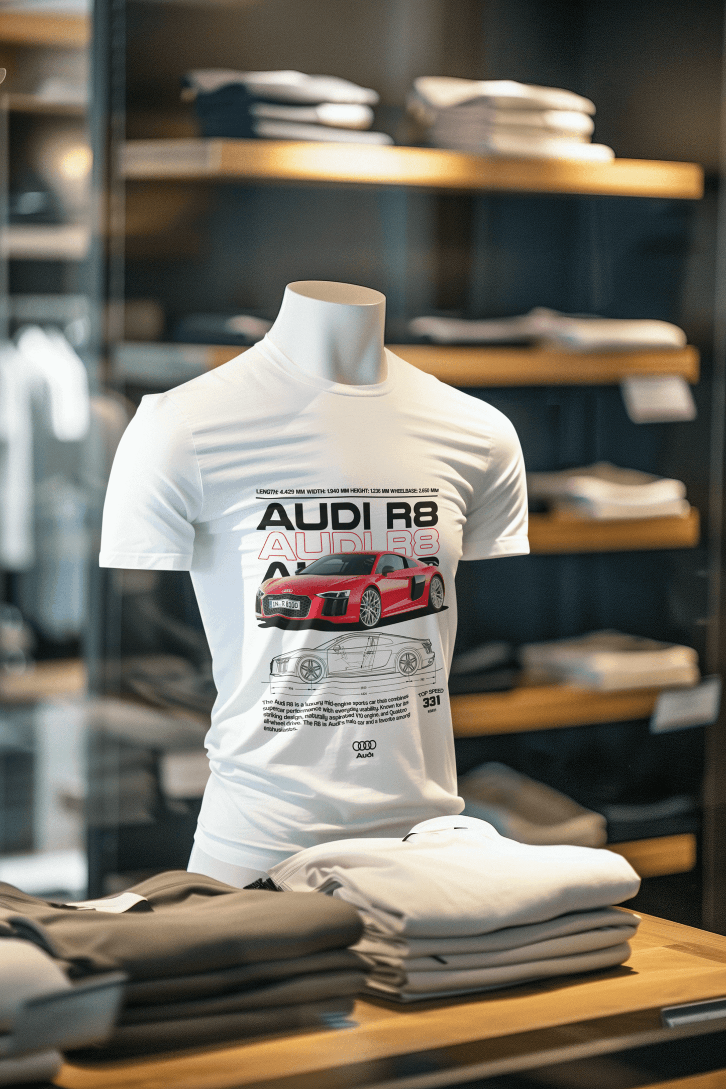 Audi R8 Graphic T‑Shirt — Red Supercar Poster & Blueprint
