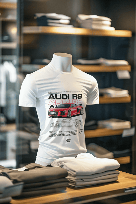 Audi R8 Graphic T‑Shirt — Red Supercar Poster & Blueprint