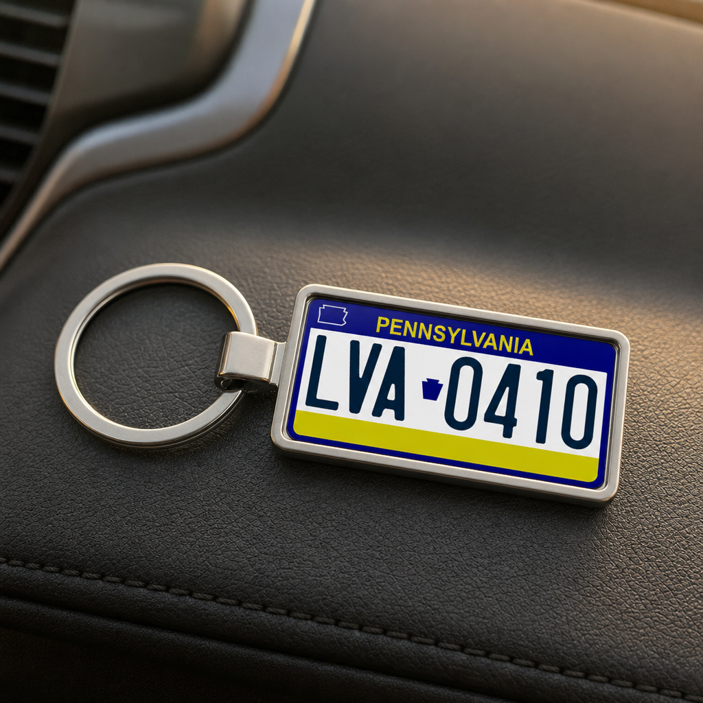 Pennsylvania LVA 0410 license plate keychain on_dashboard