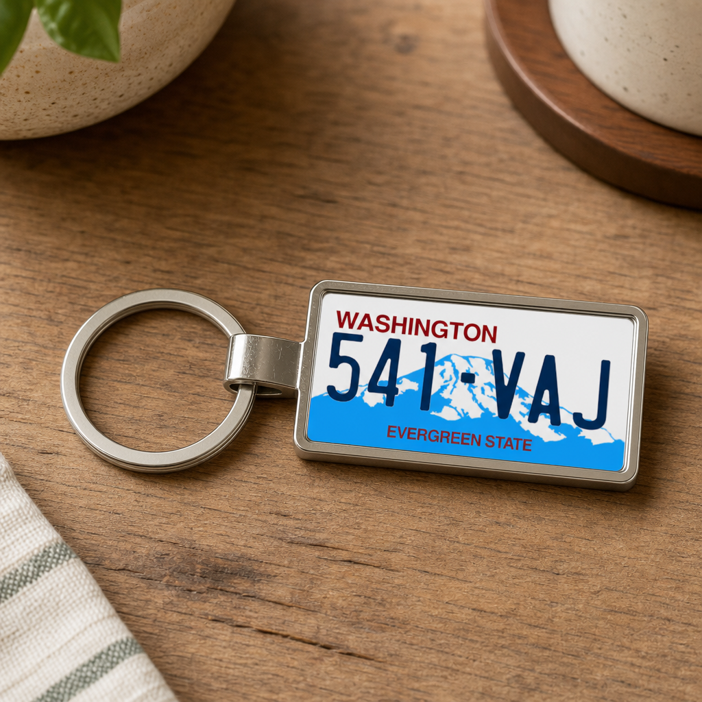 Washington license plate keychain on wooden table