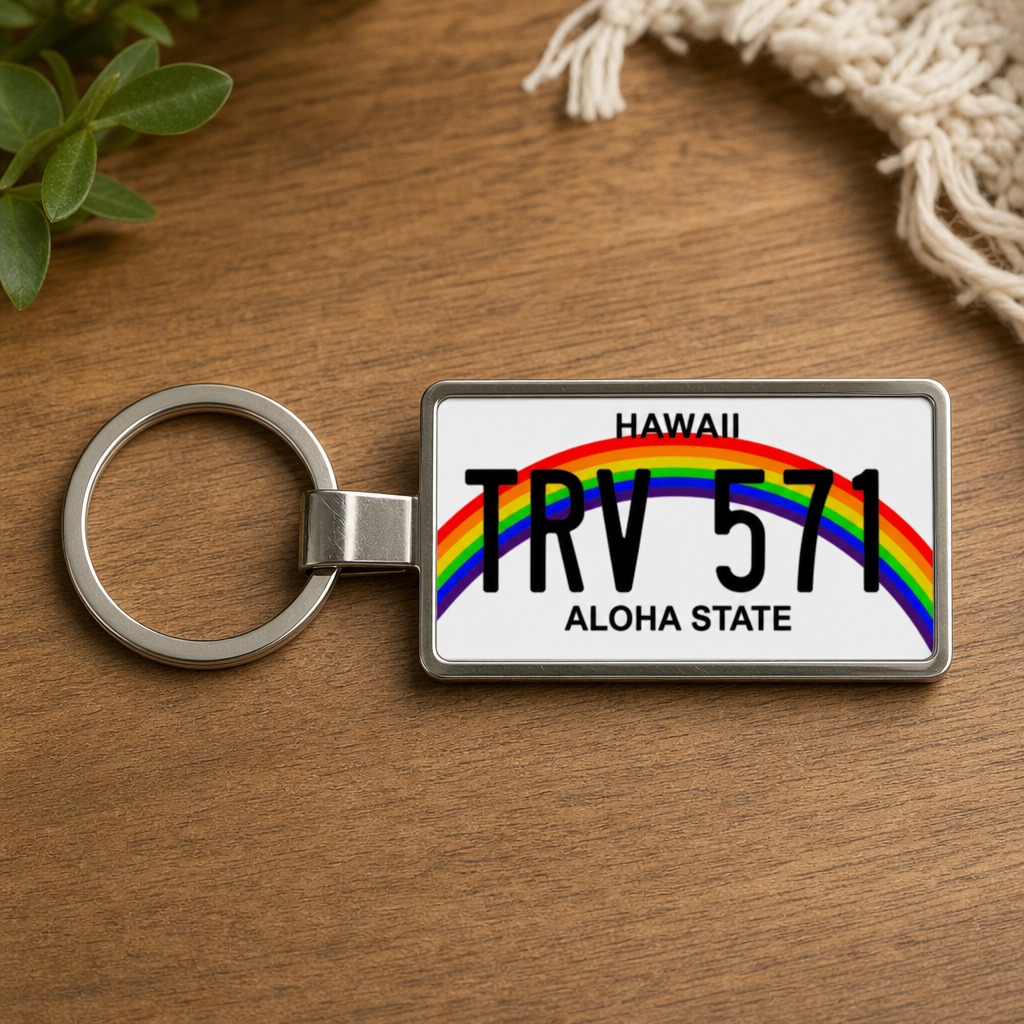 Hawaii TRV 571 license plate keychain on_wood