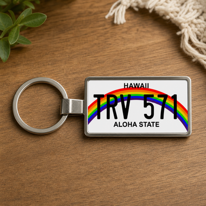 Hawaii TRV 571 license plate keychain on_wood