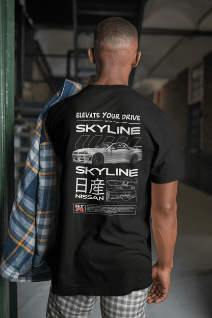 Nissan Skyline GT-R (R34) Graphic T-Shirt — Photo & Line Sketch