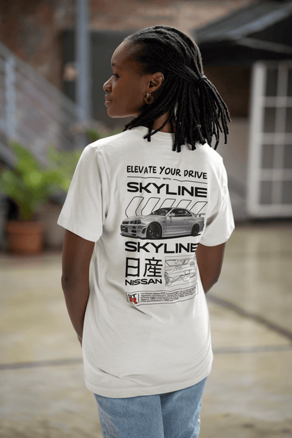 Nissan Skyline GT-R (R34) Graphic T-Shirt — Photo & Line Sketch
