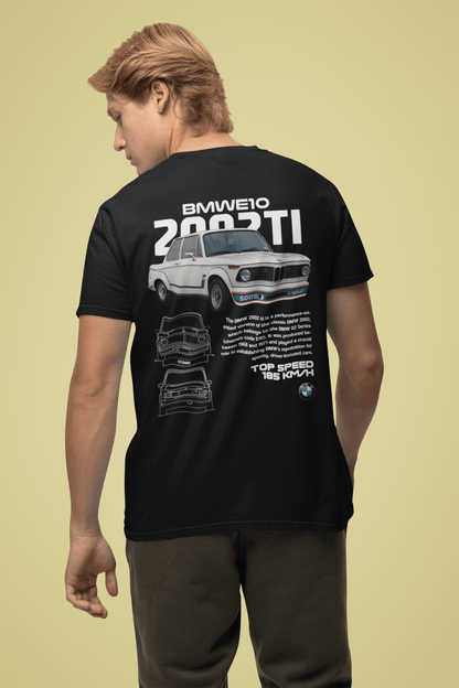 BMW 2002 ti (E10) Graphic T‑Shirt — Photo & Line Sketch