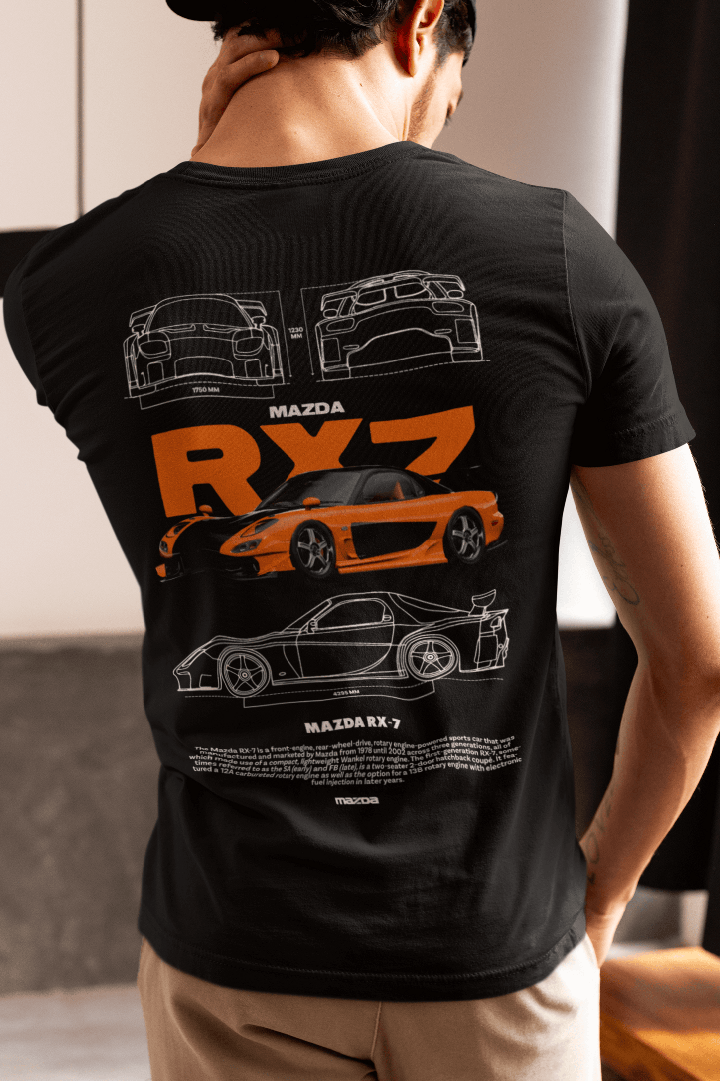 Mazda RX-7 Graphic T-Shirt — Photo & Line Sketch (Orange)