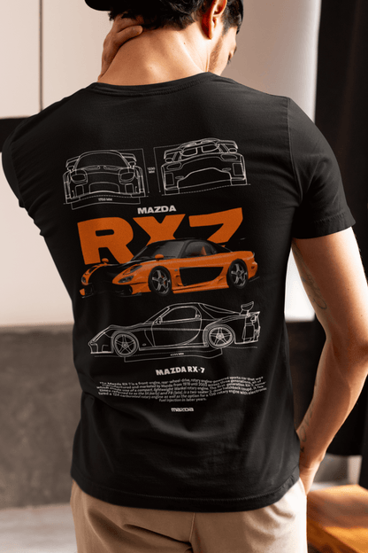 Mazda RX-7 Graphic T-Shirt — Photo & Line Sketch (Orange)