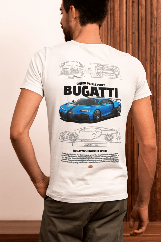 Bugatti Chiron Pur Sport Graphic T‑Shirt - Photo + Technical Sketch