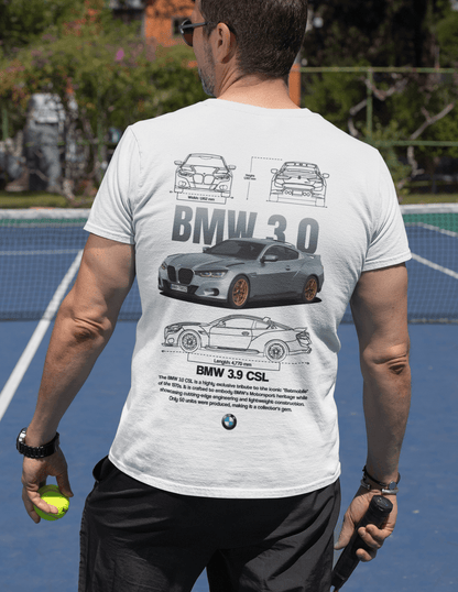 BMW 3.0 CSL Graphic T‑Shirt — Photo & Line Sketch