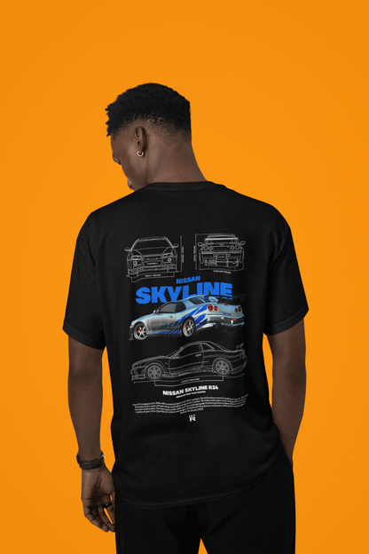 Nissan Skyline R34 Graphic T-Shirt — Blue Stripes Blueprint JDM Style