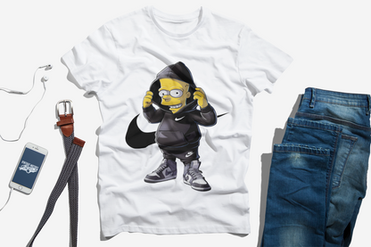 Flat lay of a white t-shirt featuring a cartoon character resembling Bart Simpson in a black hoodie, paired with men's accessories including a belt, a smartphone, and blue jeans, arranged on a white background for a casual and stylish outfit look.