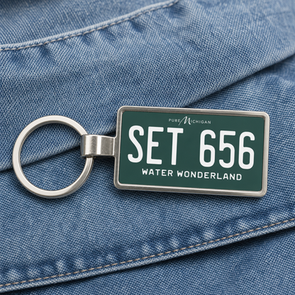 Michigan SET 656 license plate keychain on_denim