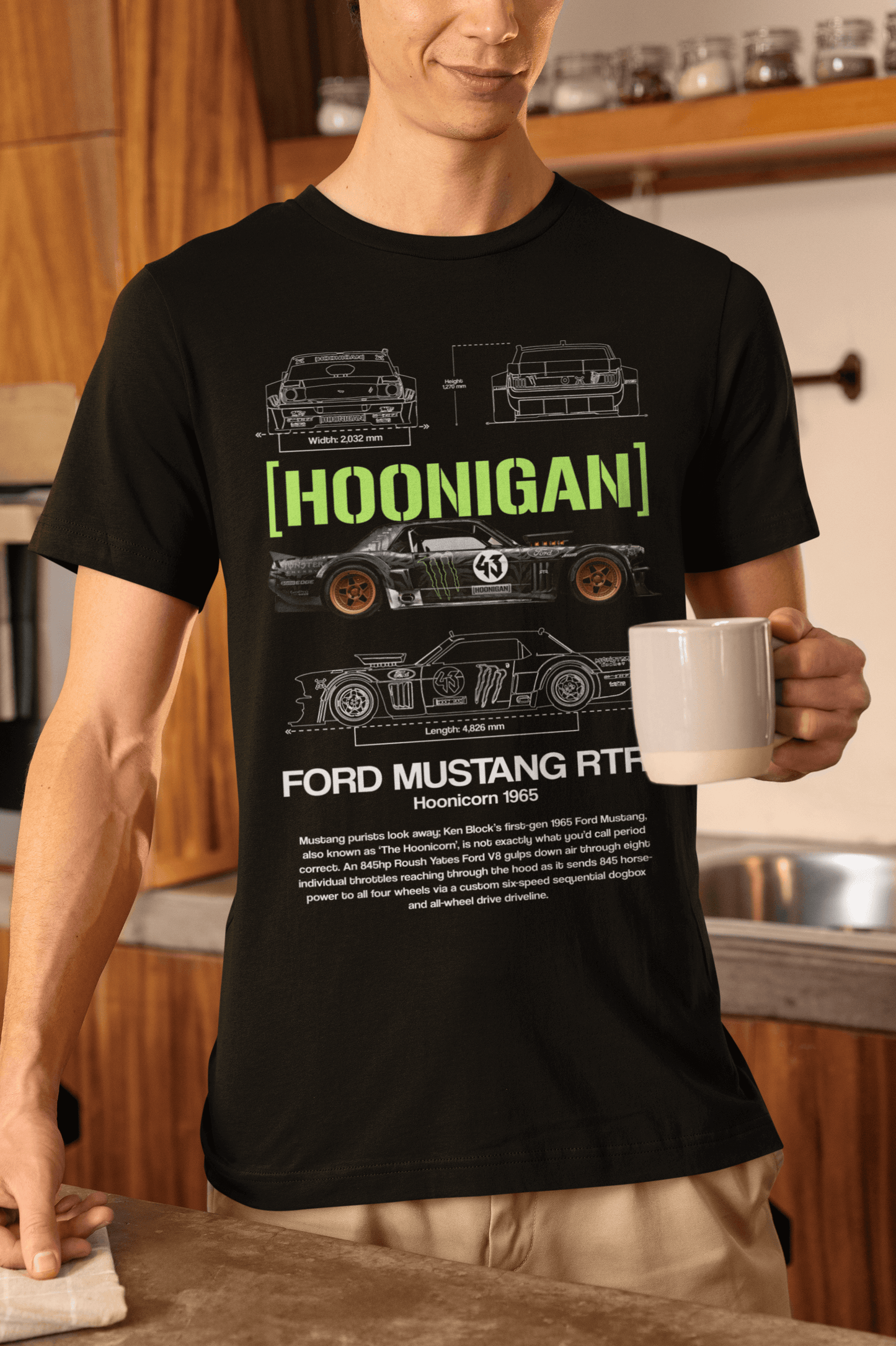 Ford Mustang RTR “Hoonicorn” 1965 Graphic T-Shirt — Photo & Line Sketch