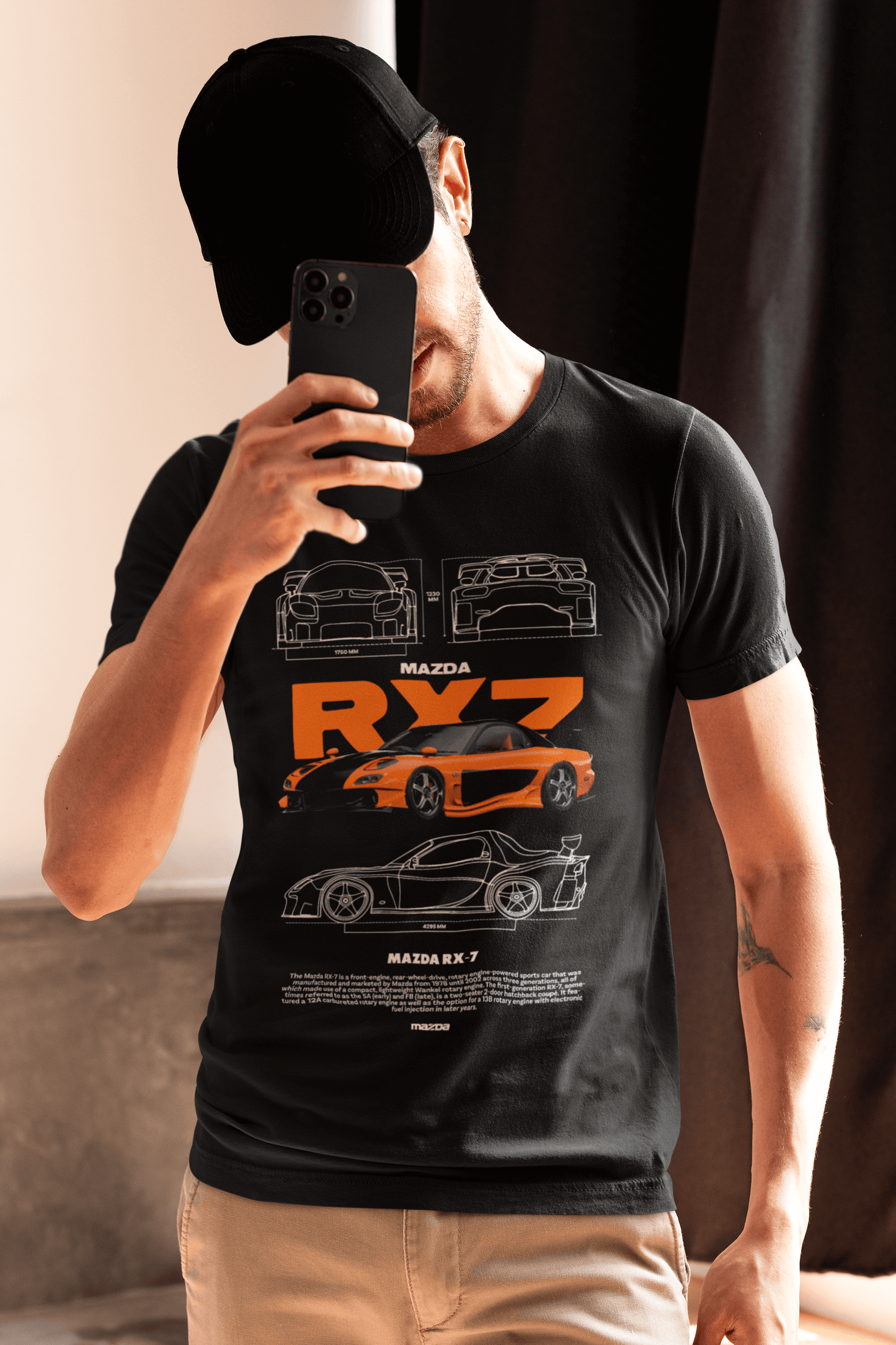 Mazda RX-7 Graphic T-Shirt — Photo & Line Sketch (Orange)