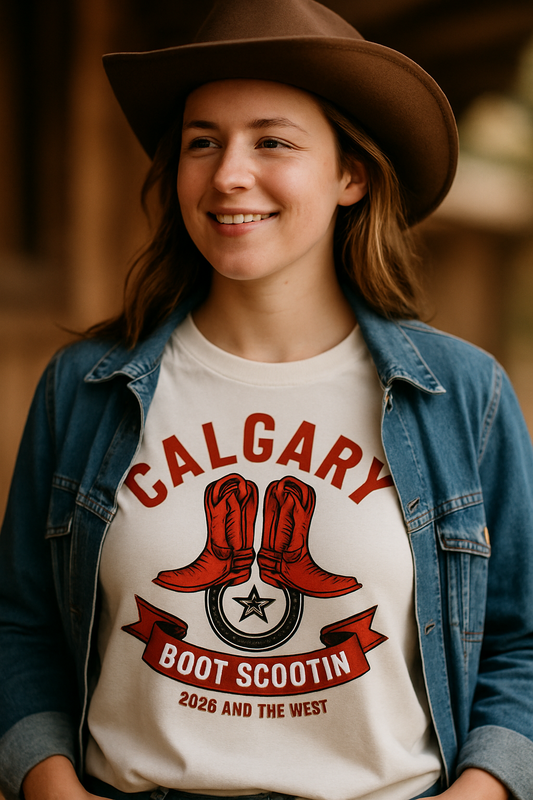 Boot Scootin Calgary 2026 western t-shirt — woman in cowboy hat and open denim jacket wearing white tee with red cowboy boots print