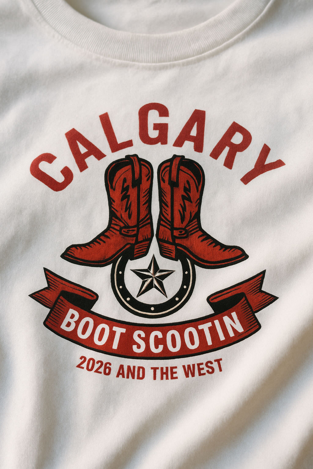 Boot Scootin Calgary 2026 print close-up — red cowboy boots with horseshoe and star on white cotton, CALGARY BOOT SCOOTIN 2026 THE WEST