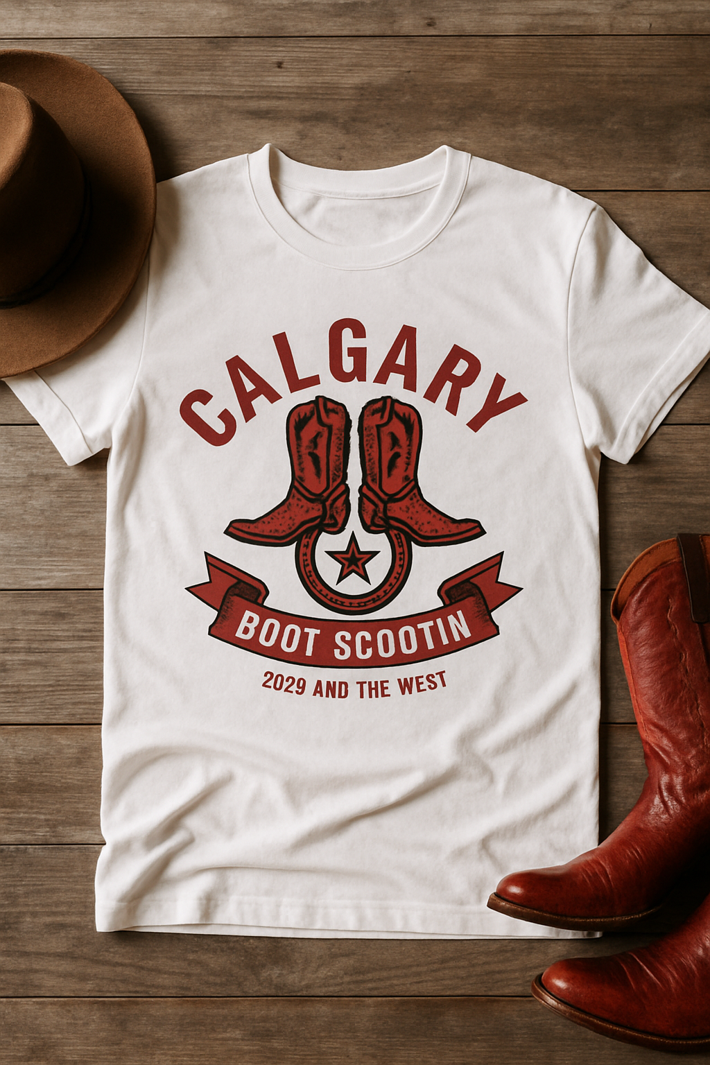 Boot Scootin Calgary 2026 white t-shirt flat-lay on rustic wood with cowboy hat and red boots