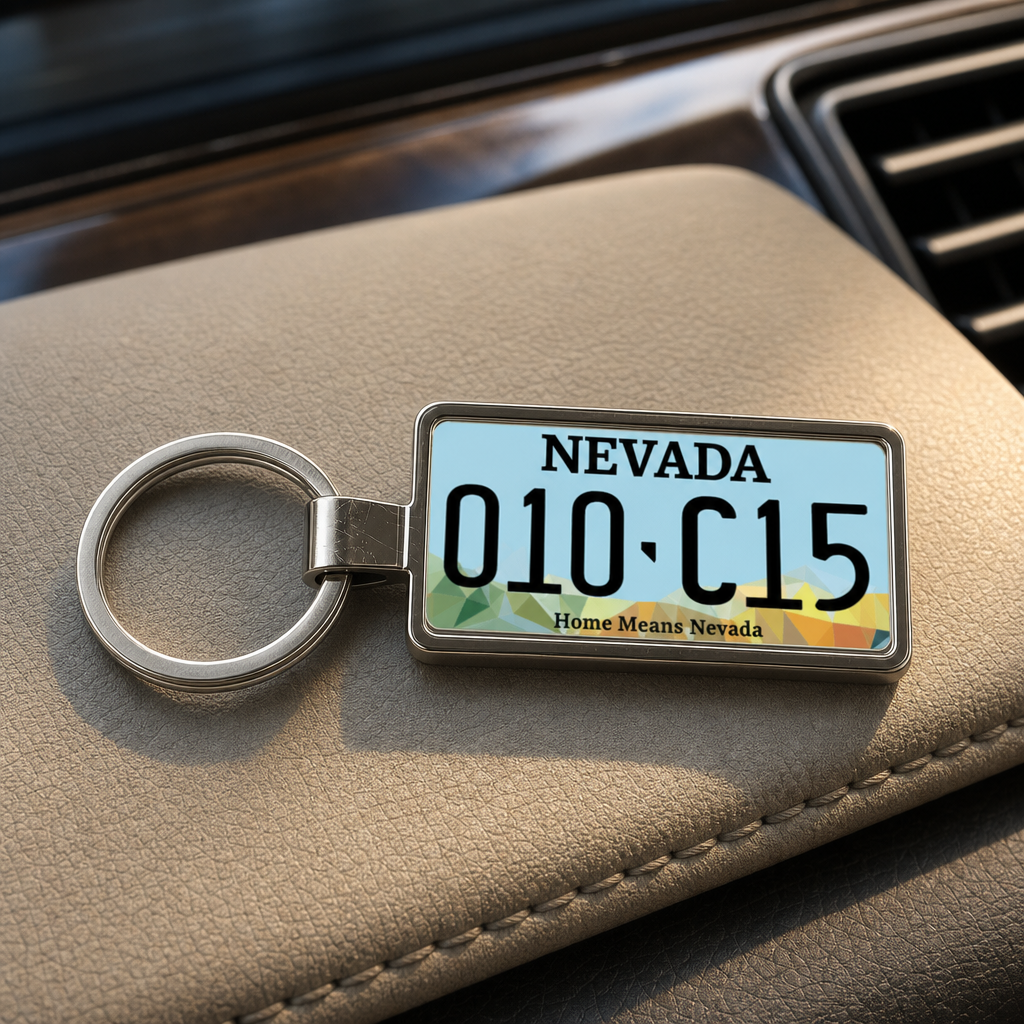 Nevada 010 C15 license plate keychain on_dashboard