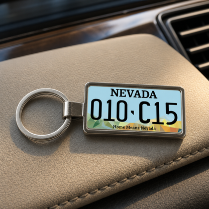 Nevada 010 C15 license plate keychain on_dashboard
