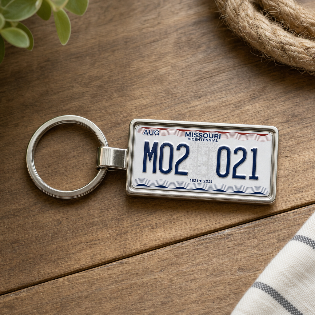Missouri M02 021 license plate keychain on_wood