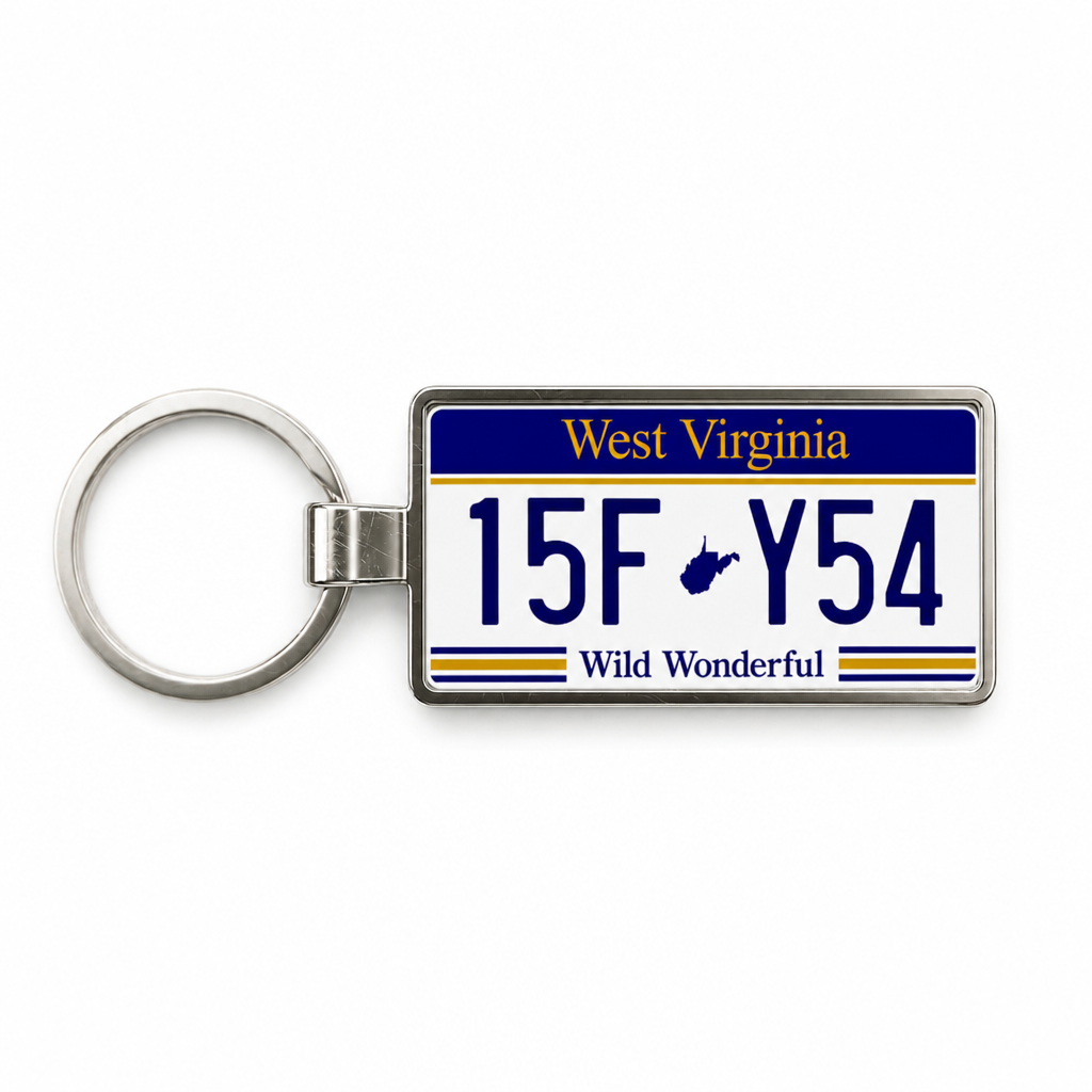 West Virginia 15F Y54 license plate keychain on white background