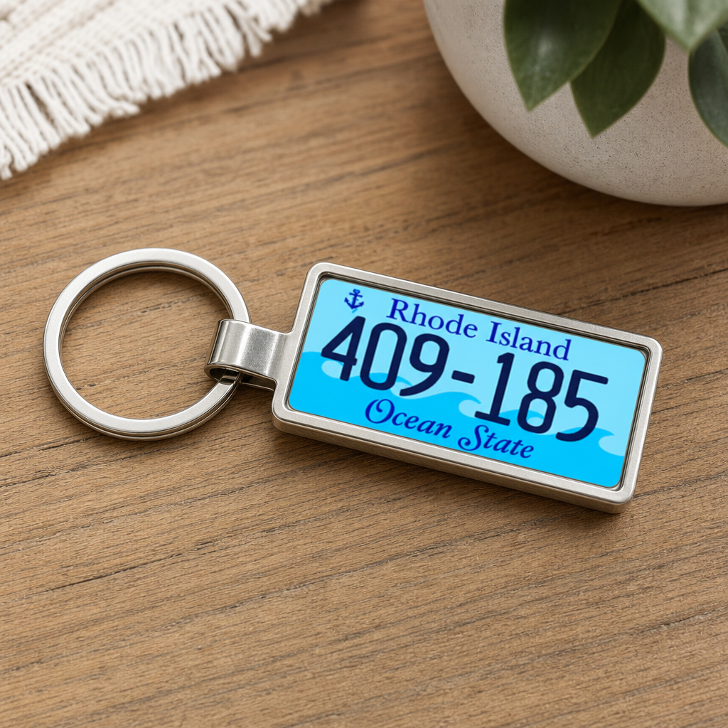 Rhode Island 409 185 license plate keychain on_wood