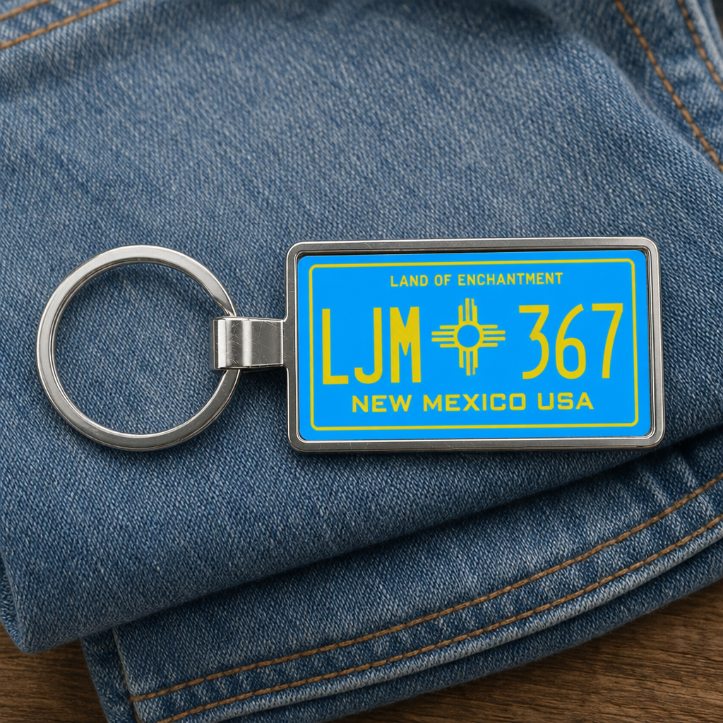 New Mexico LM 367 license plate keychain on_denim