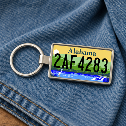 Alabama 2AF4283 license plate keychain on_denim