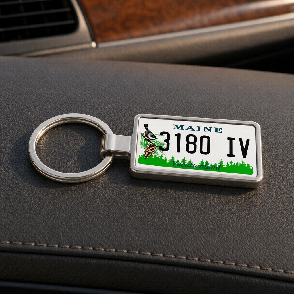 Maine 3180 IV license plate keychain on_dashboard