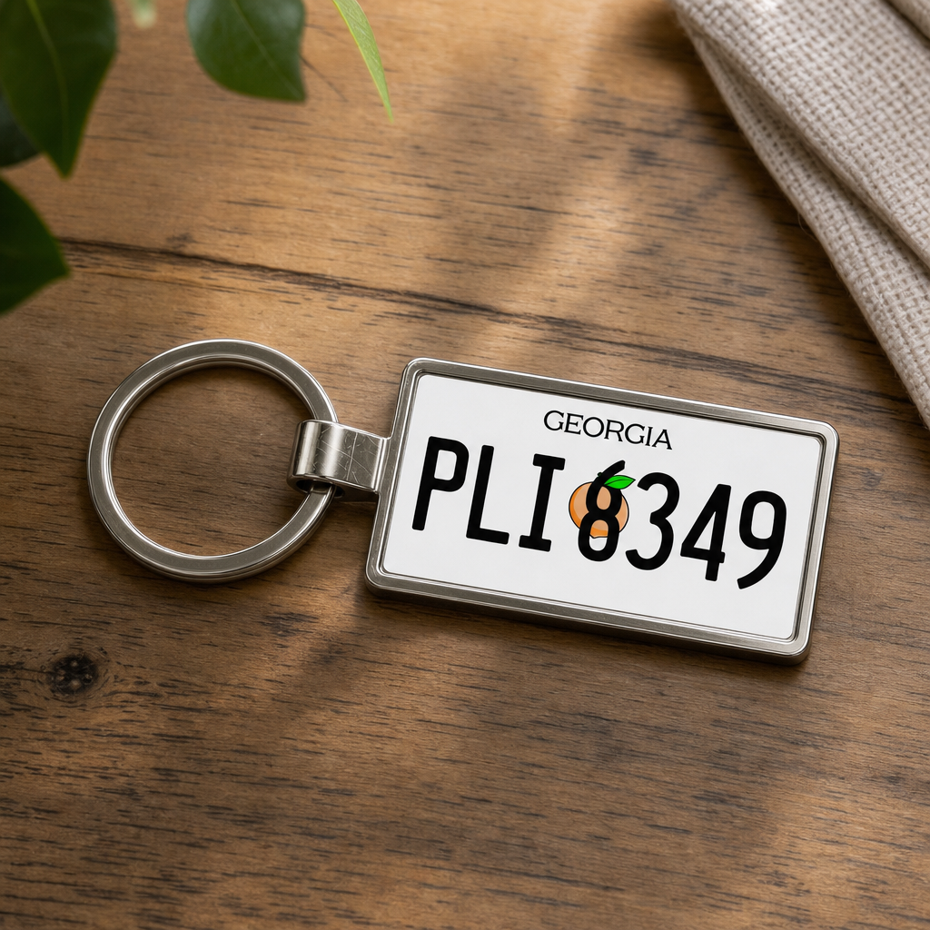 Georgia PLI 8349 license plate keychain on_wood