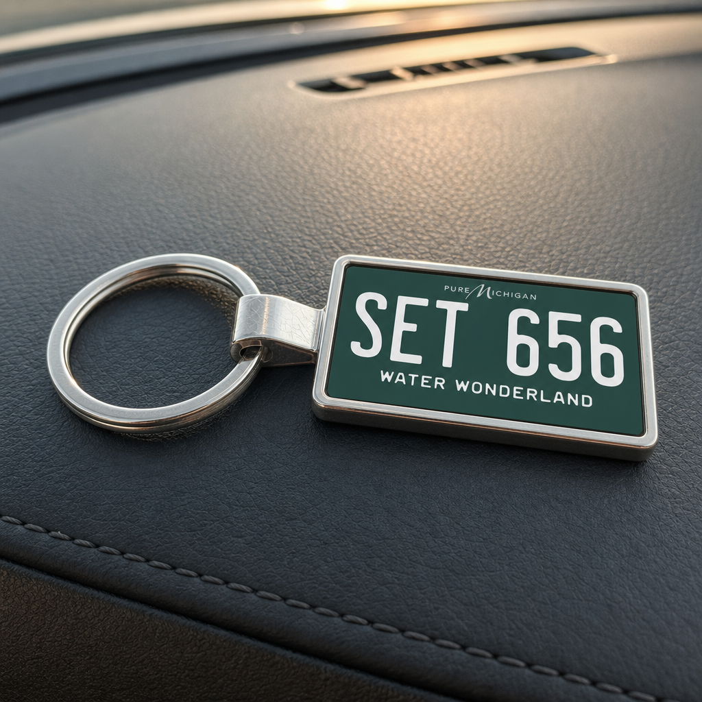 Michigan SET 656 license plate keychain on_dashboard