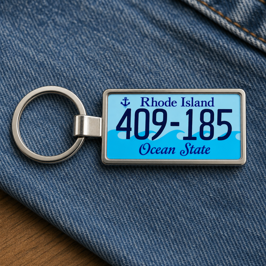 Rhode Island 409 185 license plate keychain on_denim