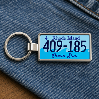 Rhode Island 409 185 license plate keychain on_denim