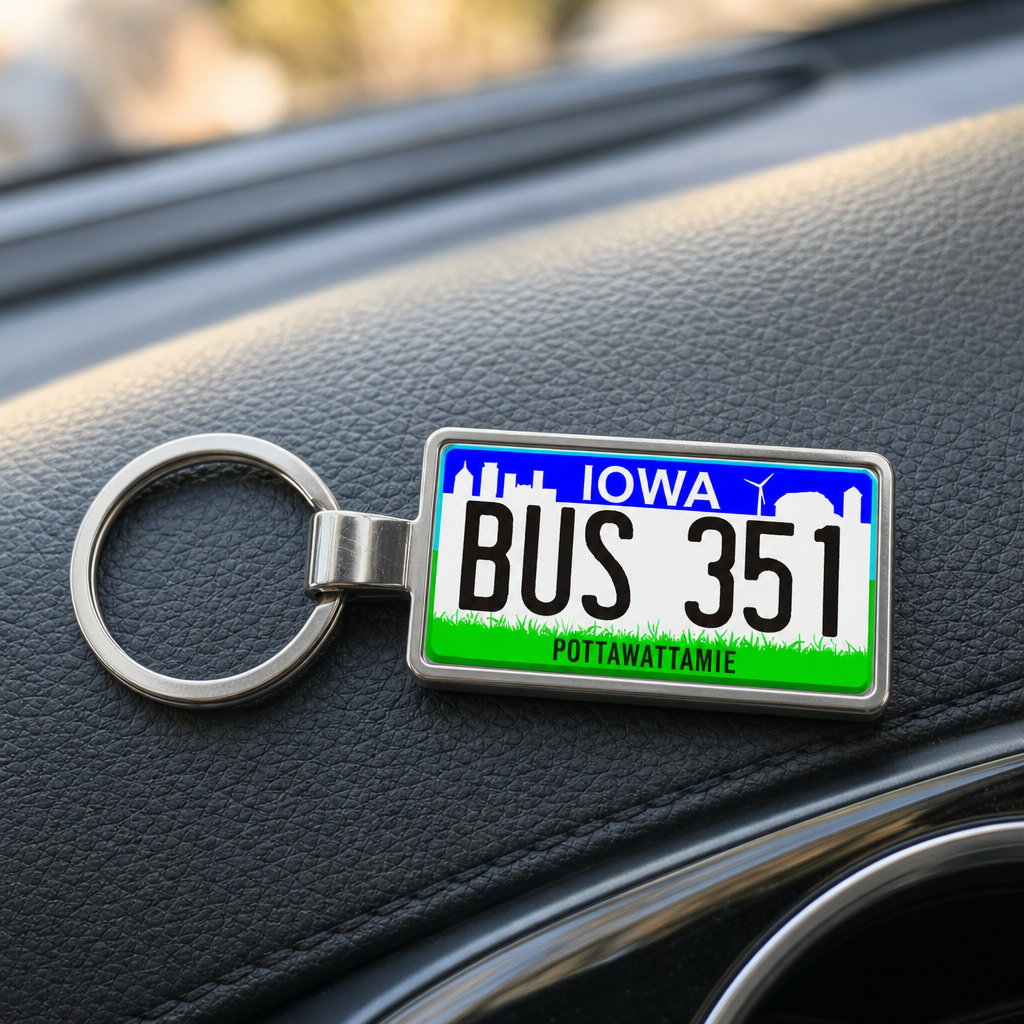 Iowa BUS 351 license plate keychain on_dashboard