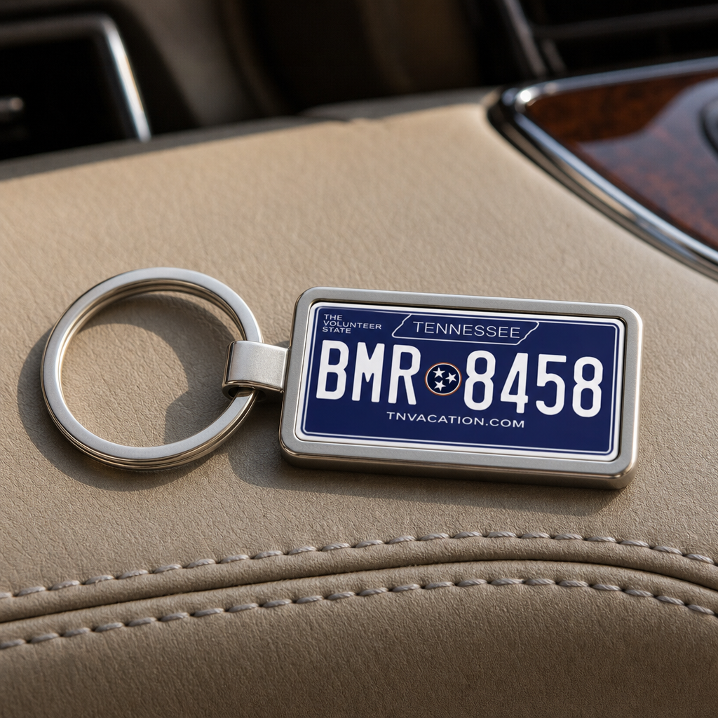 Tennessee license plate keychain on dashboard