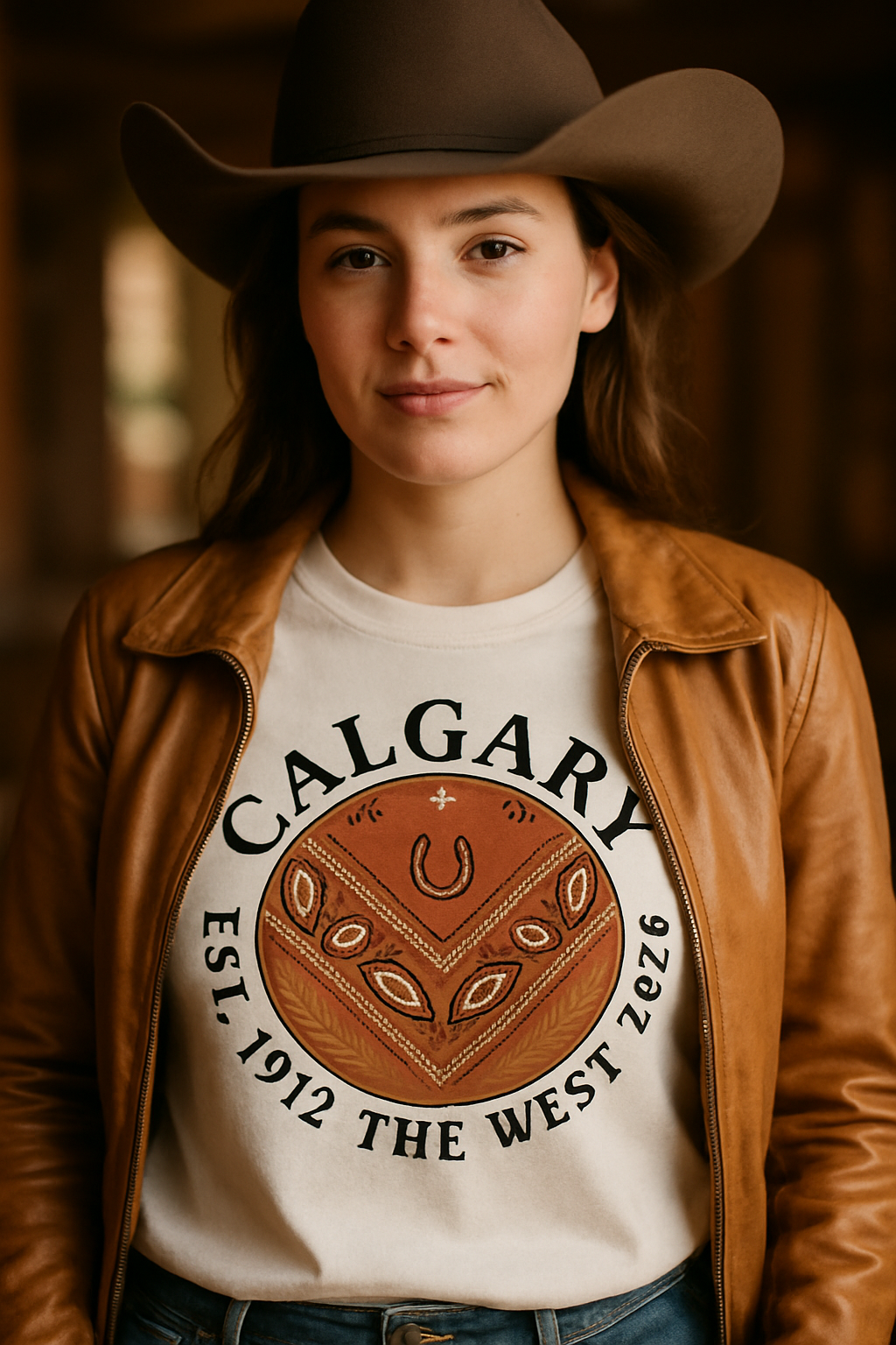 Calgary Bandana 2026 premium western t-shirt — woman in cowboy hat and open tan leather jacket wearing white tee with paisley bandana medallion print