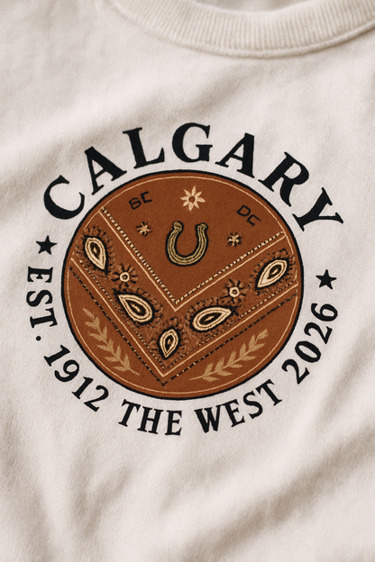 Calgary Bandana 2026 print close-up — paisley bandana medallion with horseshoe on white cotton, CALGARY EST 1912 THE WEST 2026