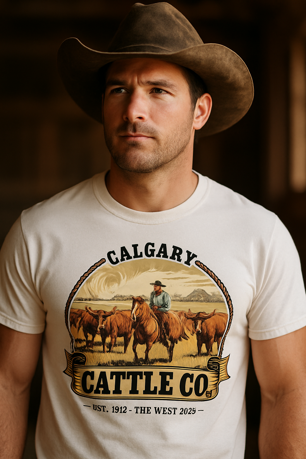 Calgary Cattle Co 2026 vintage western t-shirt — rugged man in cowboy hat wearing white tee with cattle drive print