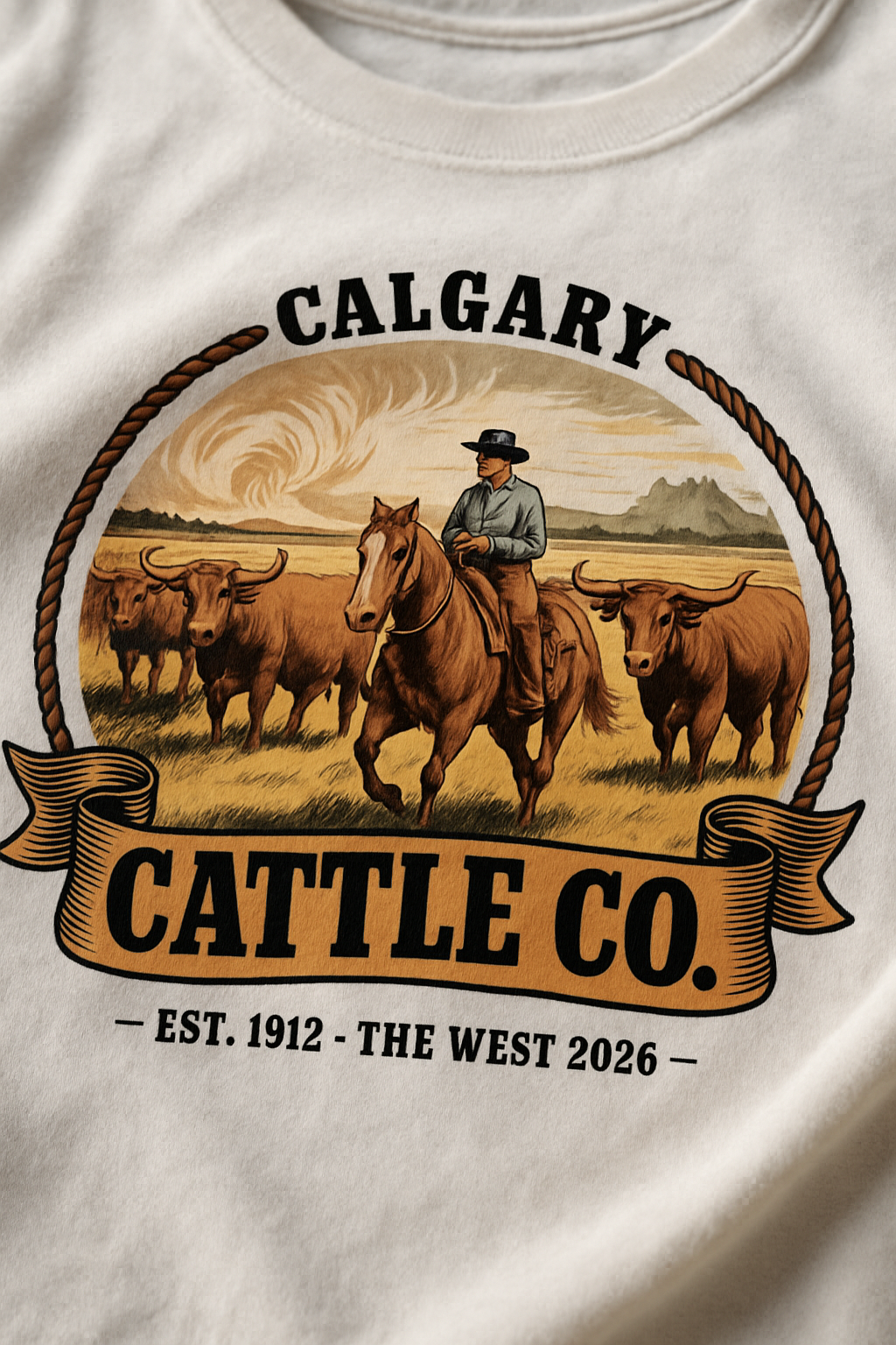 Calgary Cattle Co 2026 print close-up — cowboy driving longhorn cattle emblem on white cotton, CALGARY CATTLE CO EST 1912 THE WEST 2026