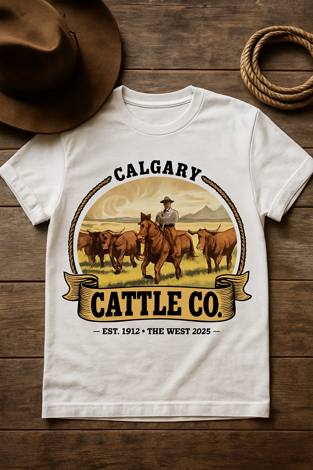 Calgary Cattle Co 2026 white t-shirt flat-lay on rustic wood with cowboy hat and rope