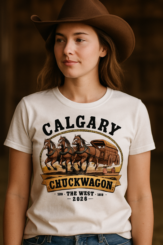 Calgary Chuckwagon Classic 2026 vintage western t-shirt — woman in cowboy hat wearing white tee with chuckwagon race print