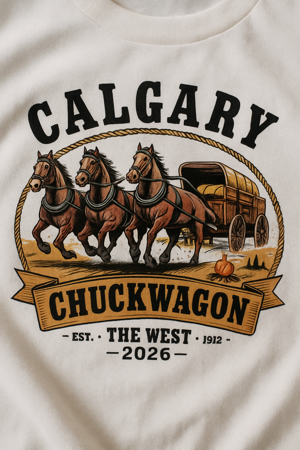 Calgary Chuckwagon Classic 2026 print close-up — four-horse chuckwagon race emblem on white cotton, CALGARY CHUCKWAGON EST 1912 THE WEST