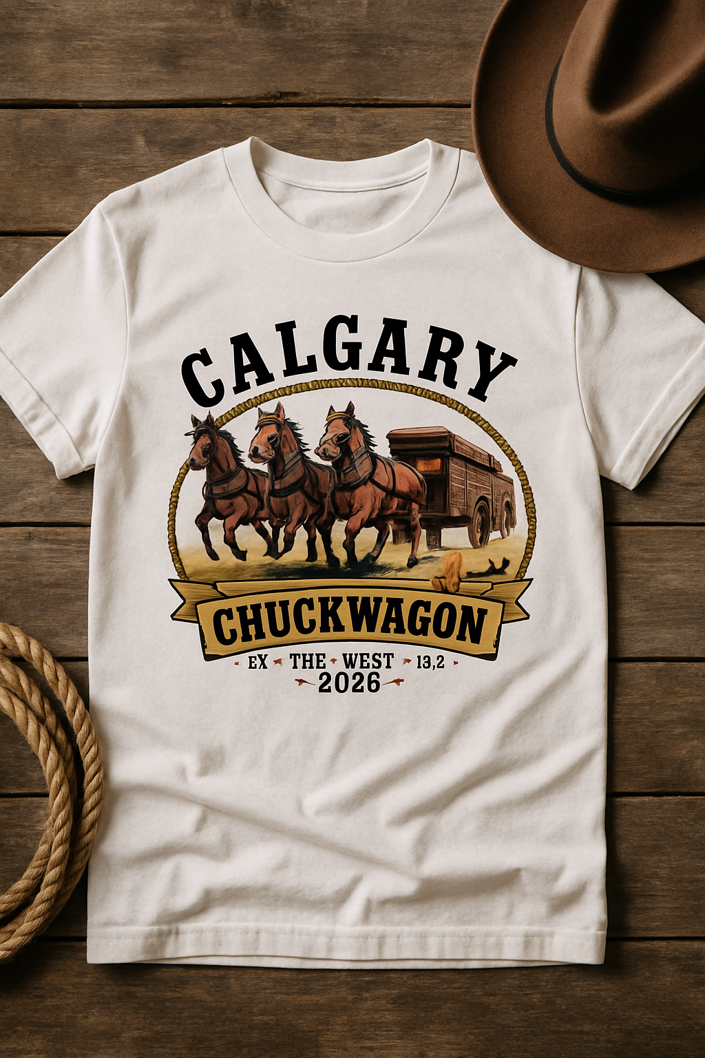 Calgary Chuckwagon Classic 2026 white t-shirt flat-lay on rustic wood with cowboy hat and rope