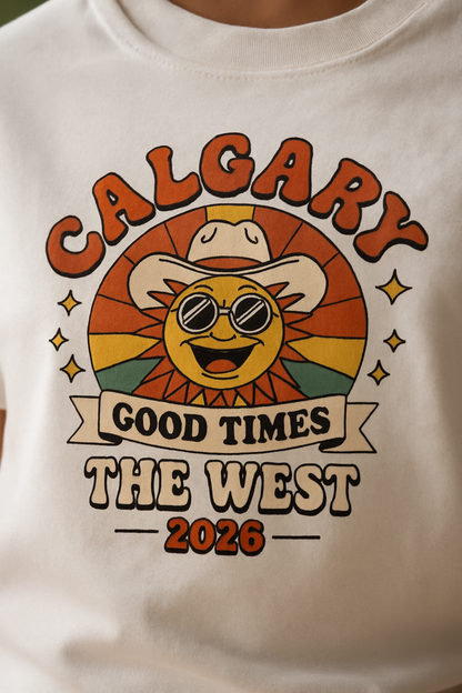 Calgary Good Times 2026 print close-up — retro groovy smiling sun in cowboy hat on white cotton, CALGARY GOOD TIMES THE WEST 2026
